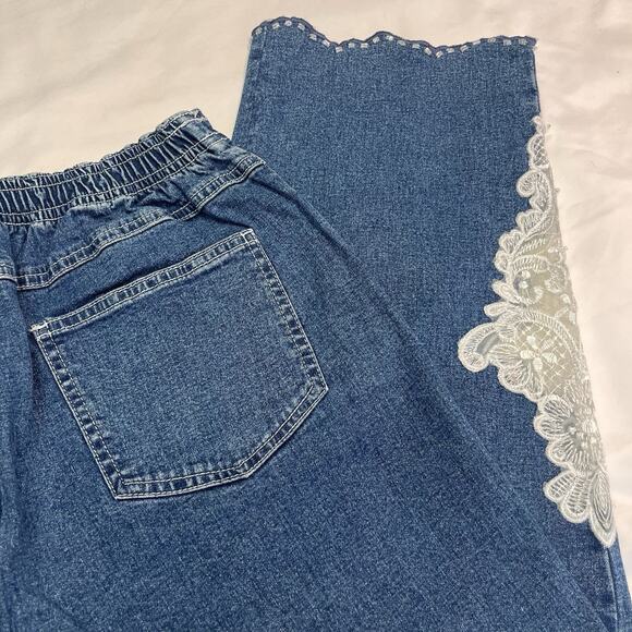 Quacker Factory Medium Denim Capris With Lace Cutouts And Beading Trim - Picture 3 of 11